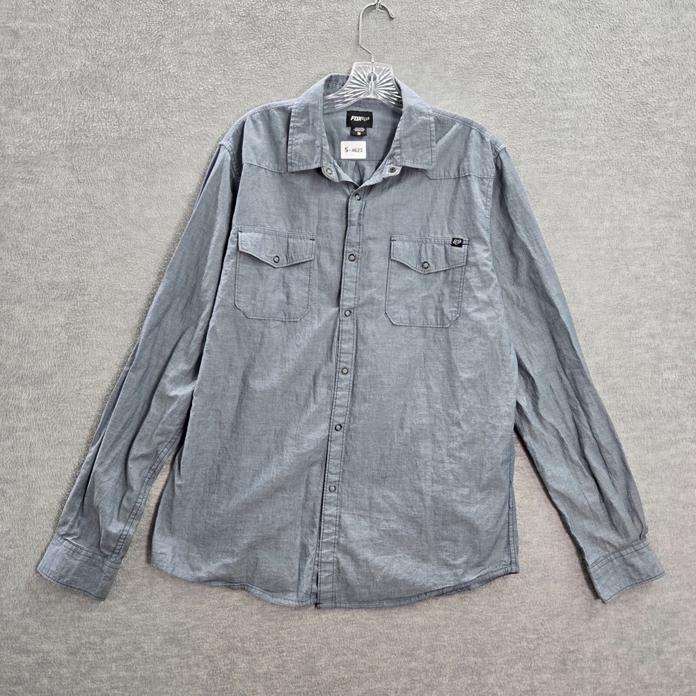 FOX Men Button Up Shirt Medium Blue Long Sleeve Snap Collar READ
